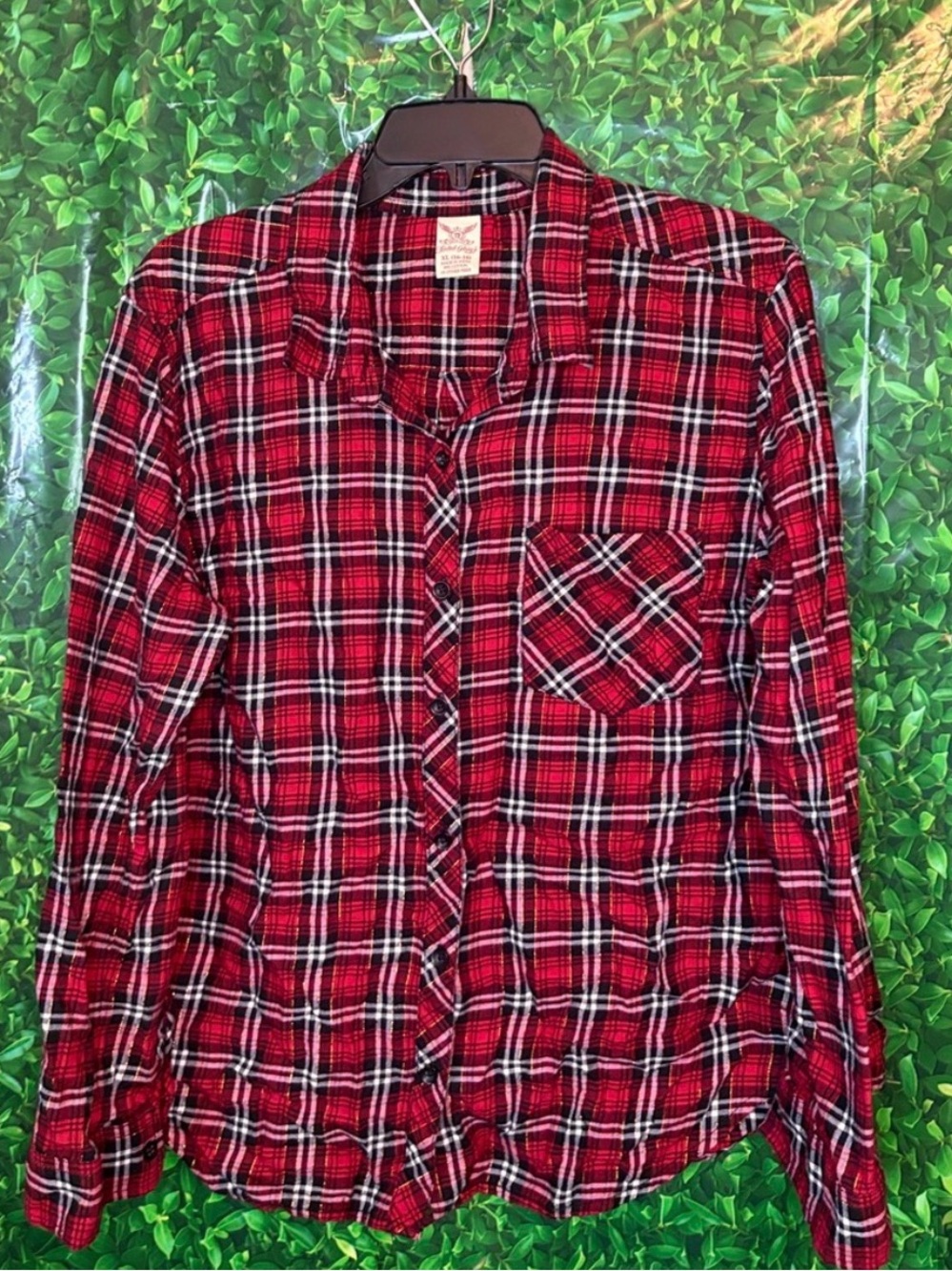 Faded Glory Red Black White Plaid Button-Down Shirt